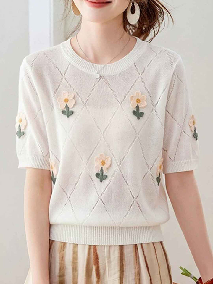 Emily Classic Crew Neck Hollowed Embroidered Knitted Top