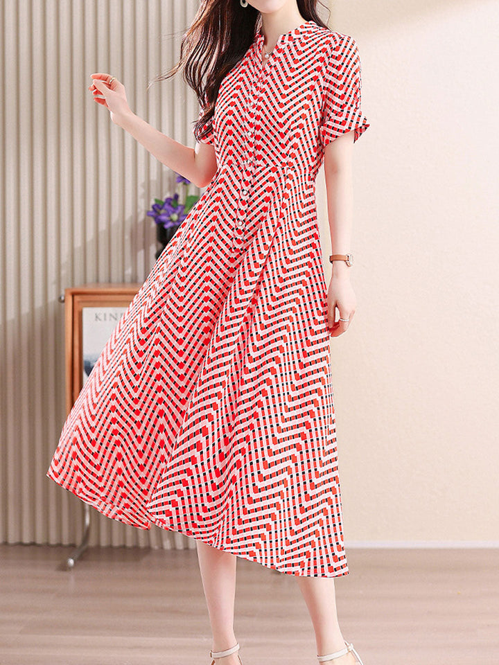 Ava Daily Stand-Up Collar Plaid Chiffon Dress