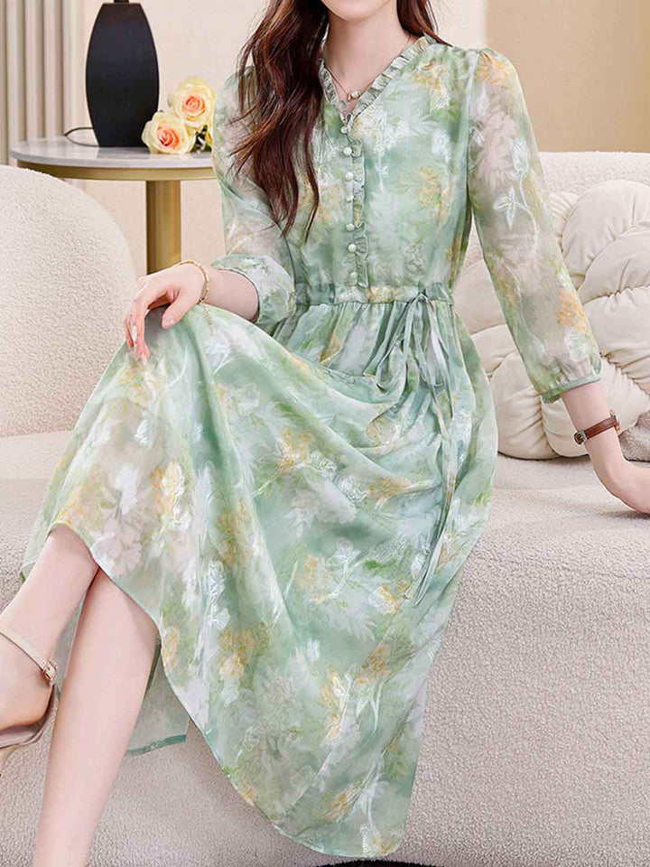 Natalie Vacation Auricular Collar Jacquard Drawstring Dress