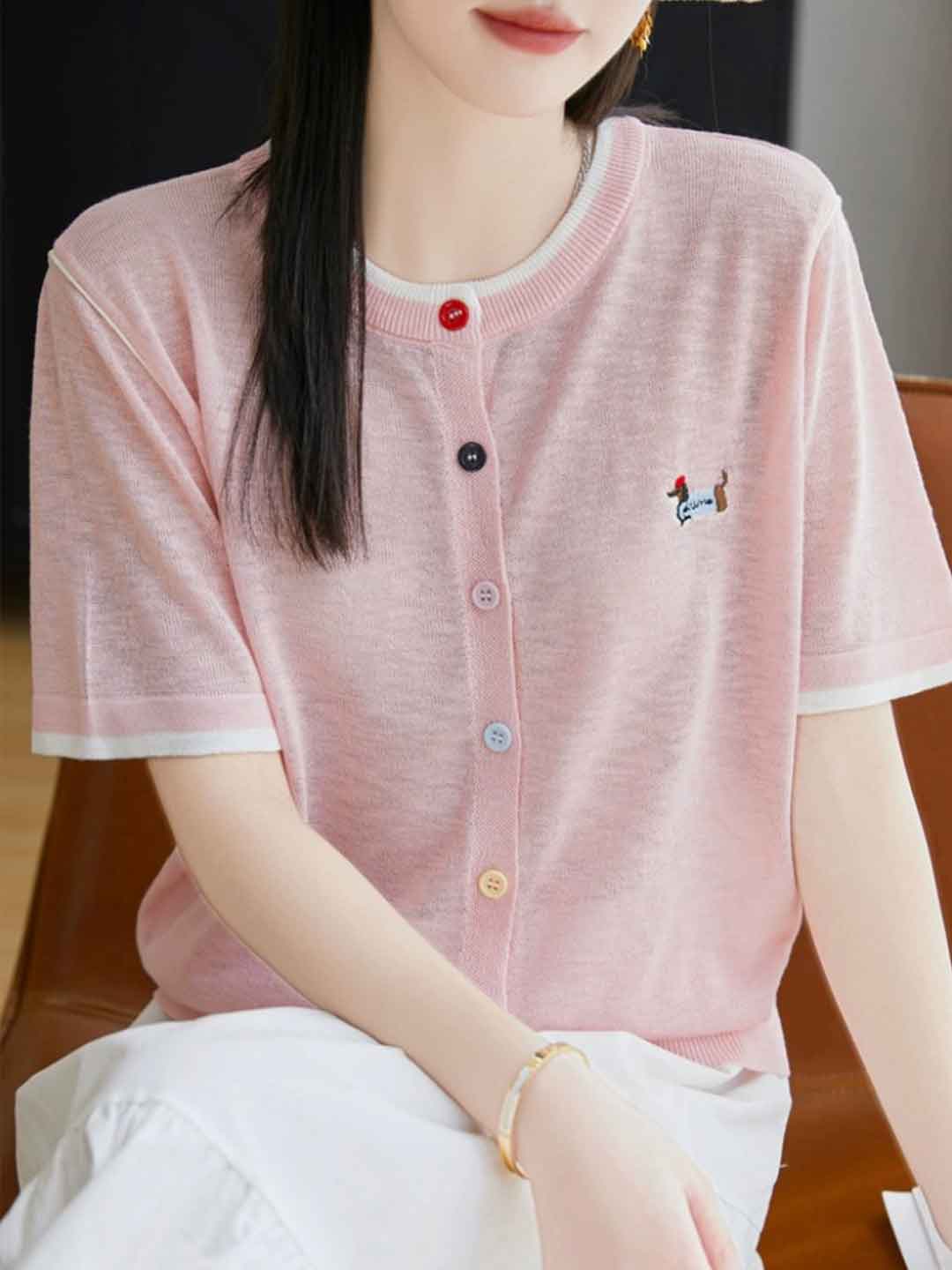 Eva Classic Crew Neck Embroidered Knitted Cardigan