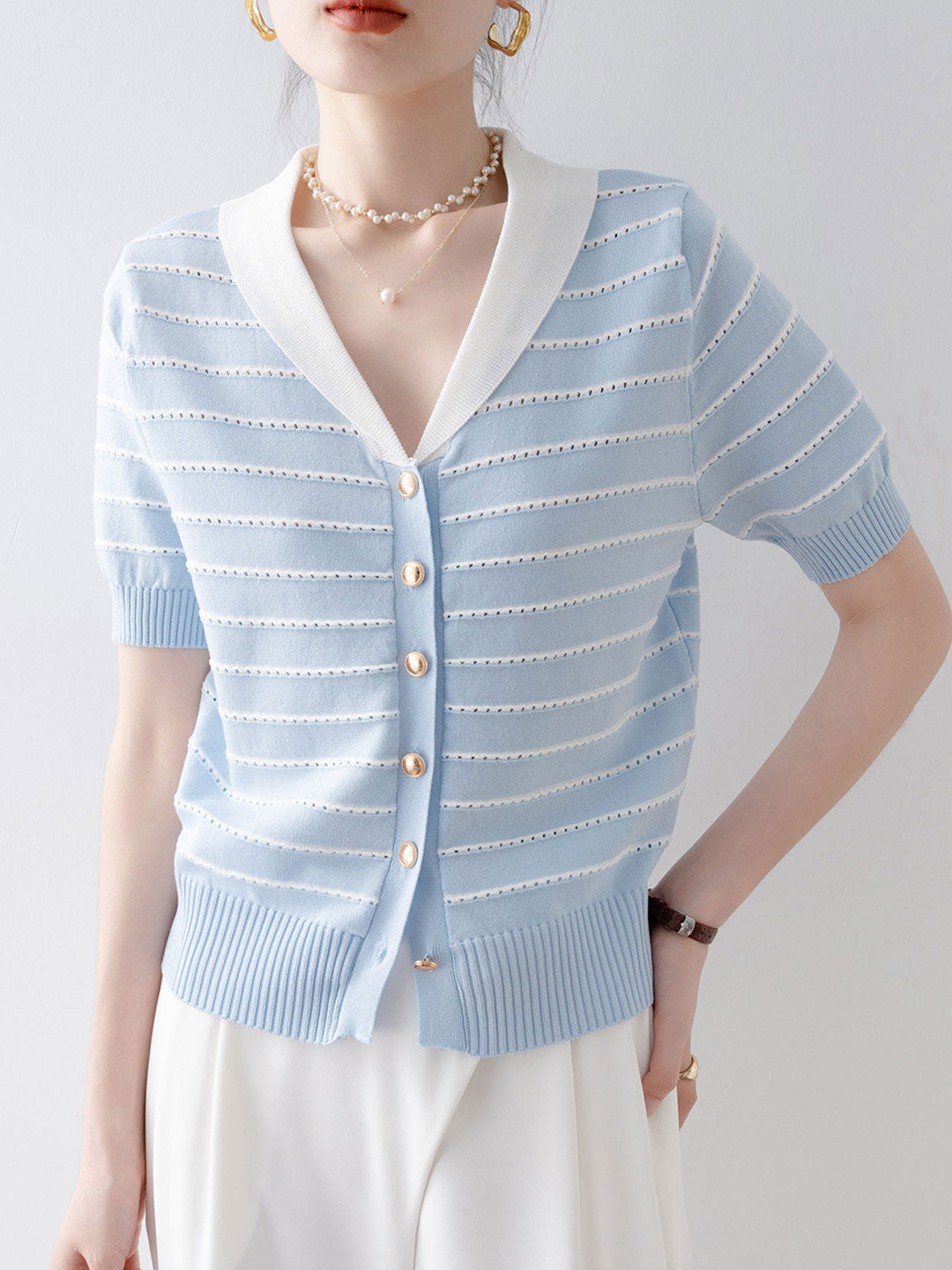 Hannah Loose V-Neck Hollowed Knitted Top
