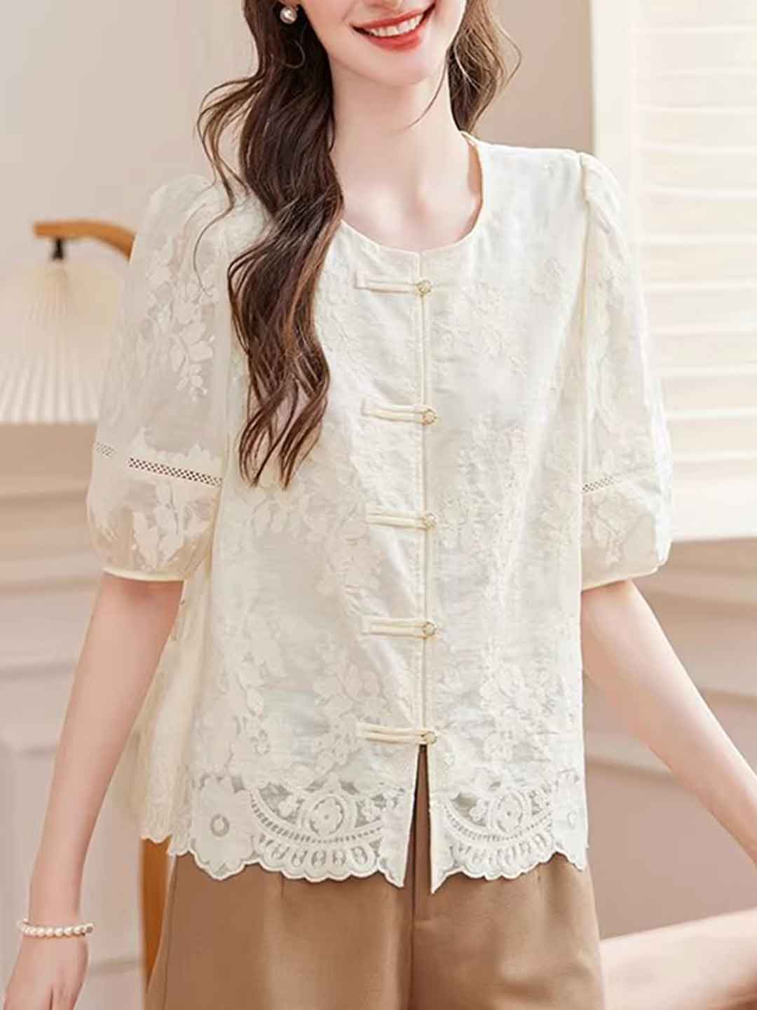 Emma Retro Crew Neck Embroidered Lace Top – Smile just love