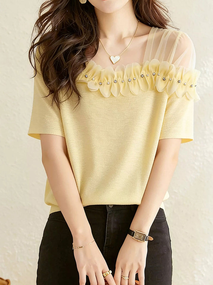 Rachel Classic Off-Shoulder Mesh Ruffle Top