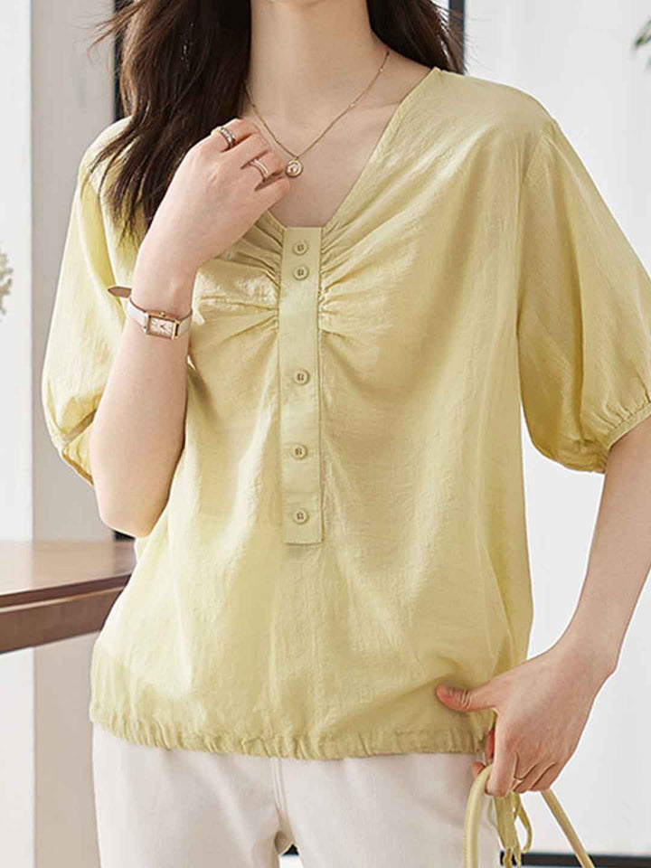 Morgan Loose V-Neck Ruched Solid Color Blouse
