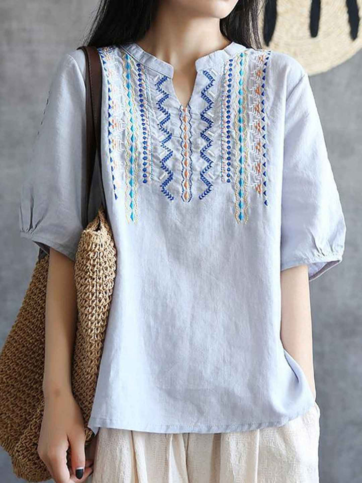 Sophia Loose V-Neck Embroidered Top