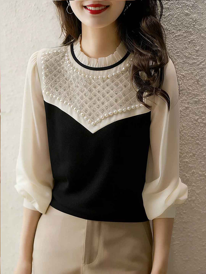 Jocelyn Vintage Crew Neck Beaded Patchwork Top