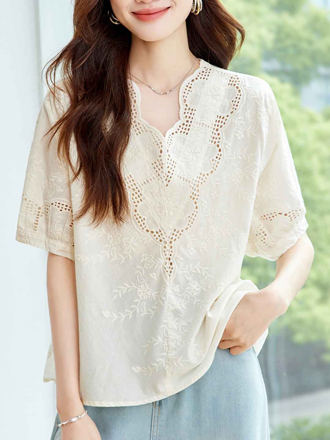 Eva Classic V-Neck Embroidered Hollowed Top