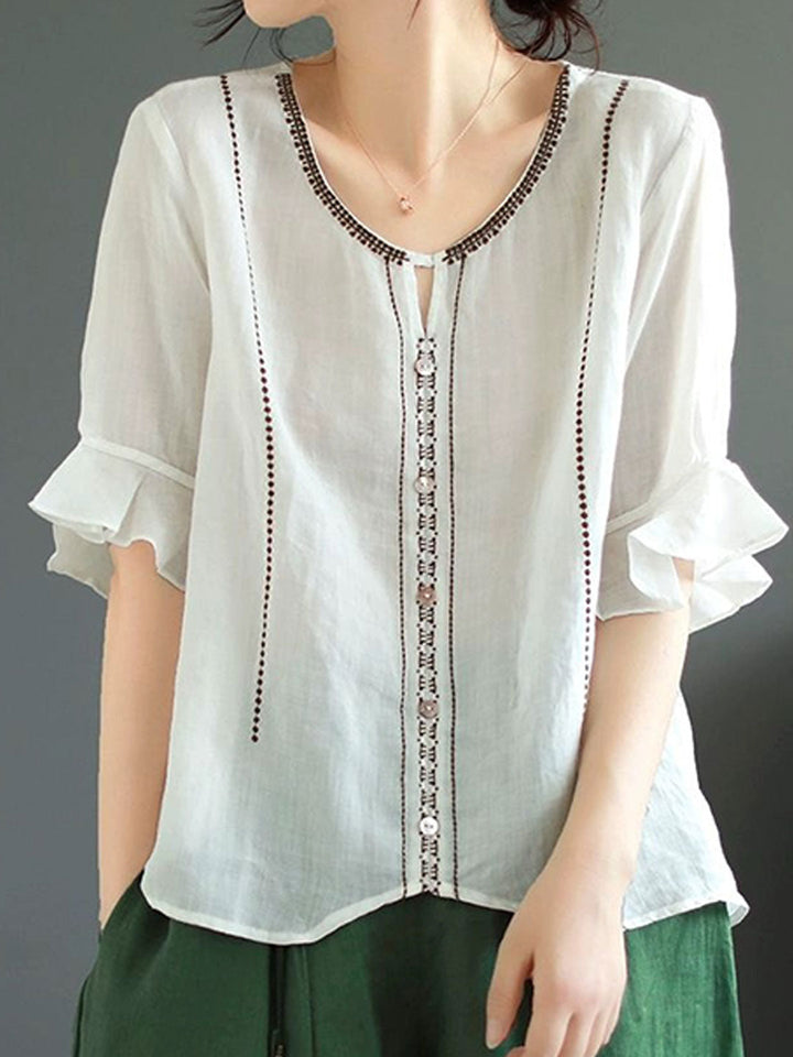 Faith Loose V-Neck Flare Sleeve Embroidered Top