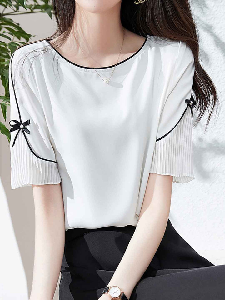Caroline Elegant Crew Neck Bow Chiffon Top