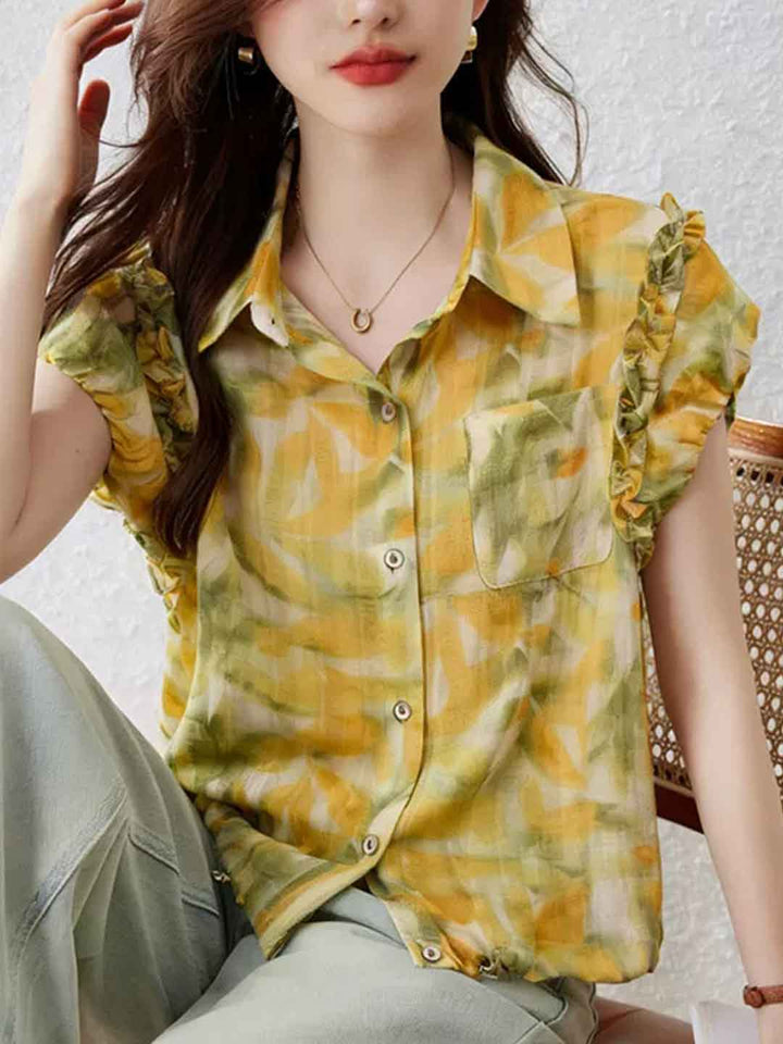Mia Daily Lapel Ruffled Sleeve Printed Shirt