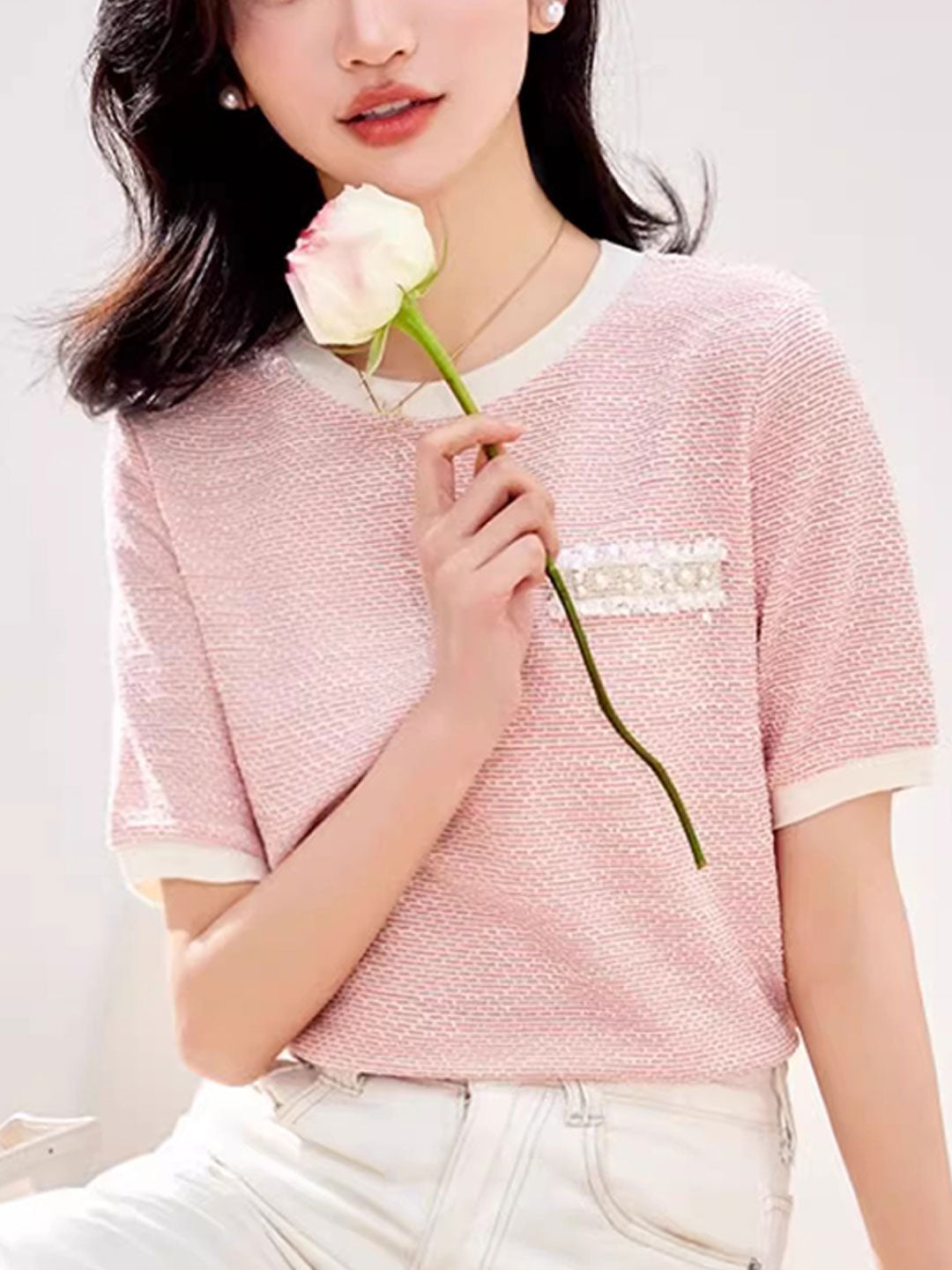 Layla Crew Neck Contrast Textured Knitted Top