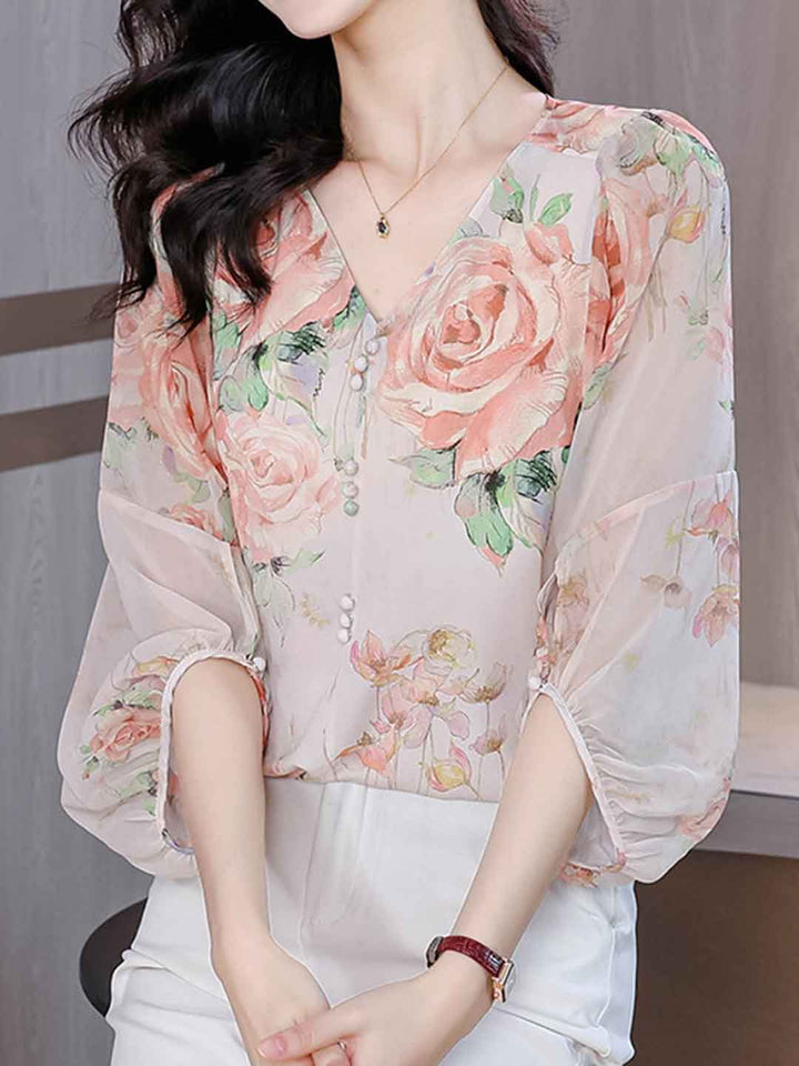 Caroline Loose V-Neck Lantern Sleeve Floral Chiffon Top