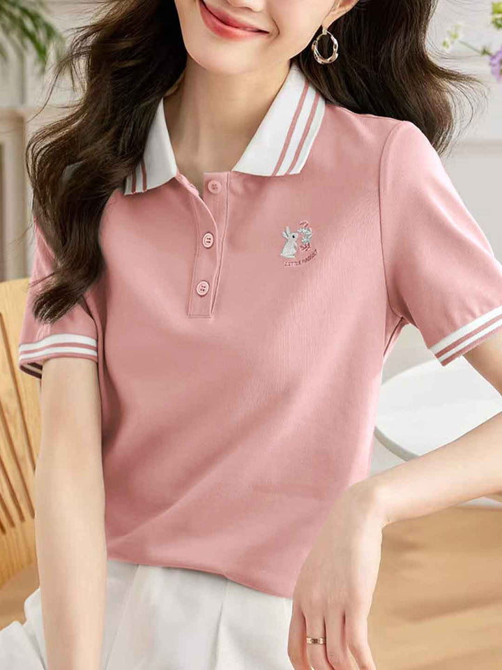 Claire Casual Polo Collar Solid Color Embroidered Top