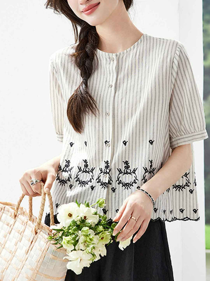 Mia Loose Crew Neck Striped Embroidered Top
