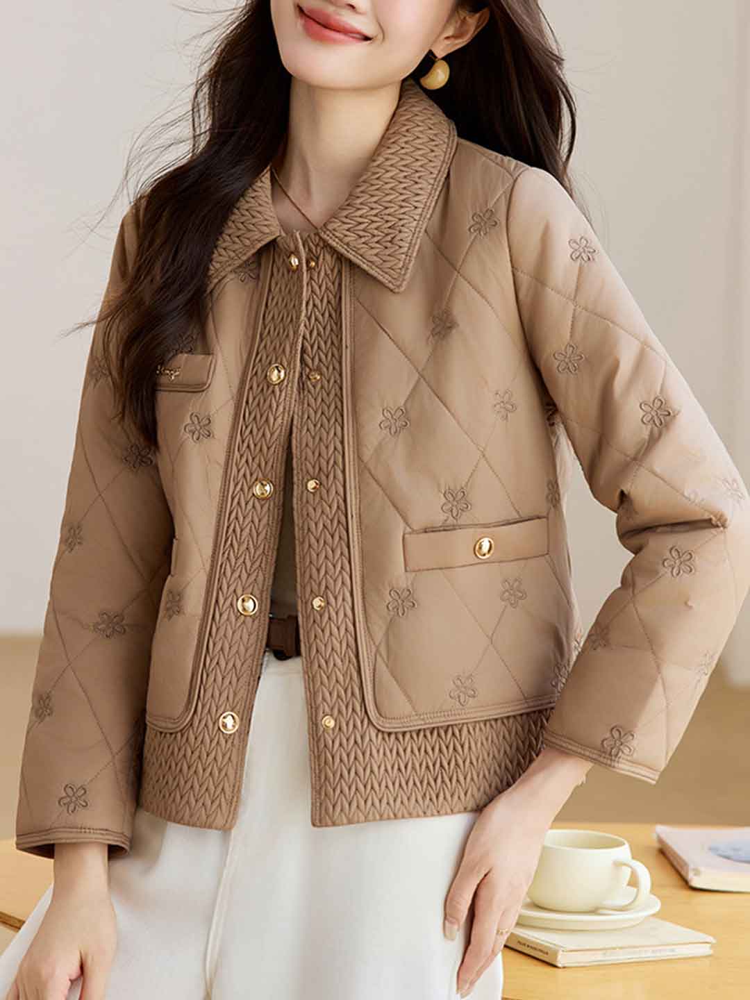 Emily Daily Lapel Floral Embroidered Winter Coat