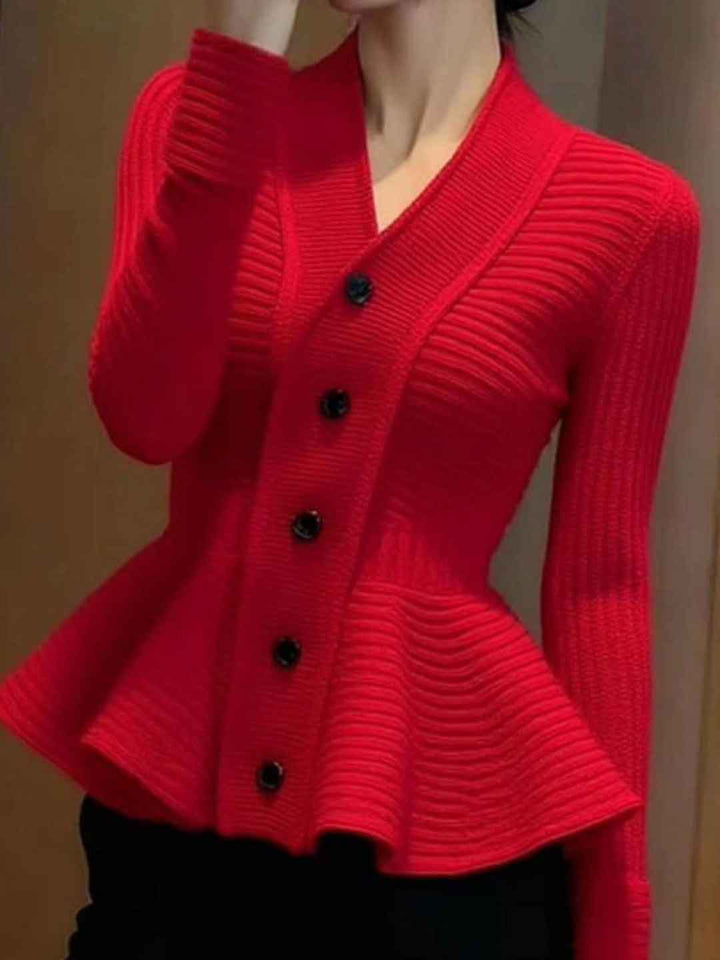 Ella Slim V-Neck Waisted Solid Color Knitted Sweater