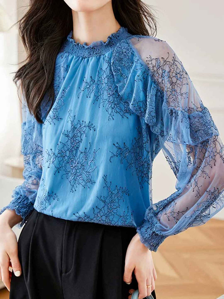 Grace Elegant Ruffled Collar Lantern Sleeve Lace Top