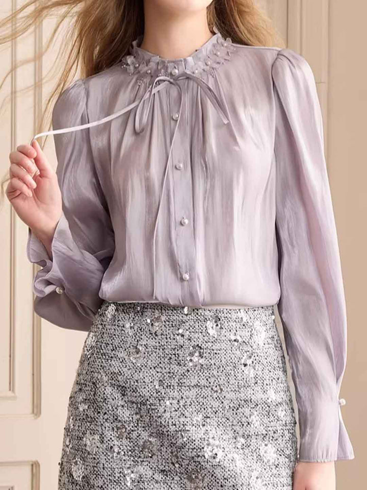 Emily Vintage Stand Collar Flare Sleeve Pleated Shirt