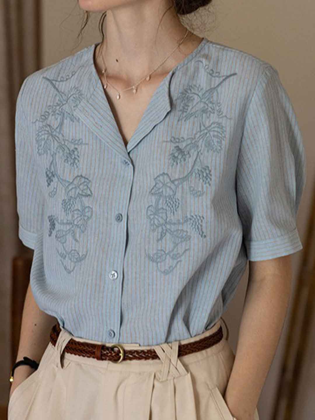 Anna Retro Lapel Embroidered Striped Top