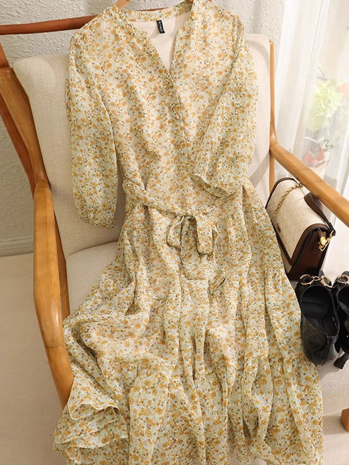Alexis Vintage Ruffle Floral Chiffon Maxi Dress-Yellow