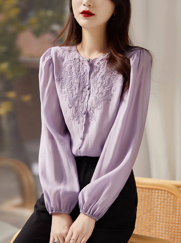 Jocelyn Elegant Embroidered Lantern Sleeve Shirt-Khaki