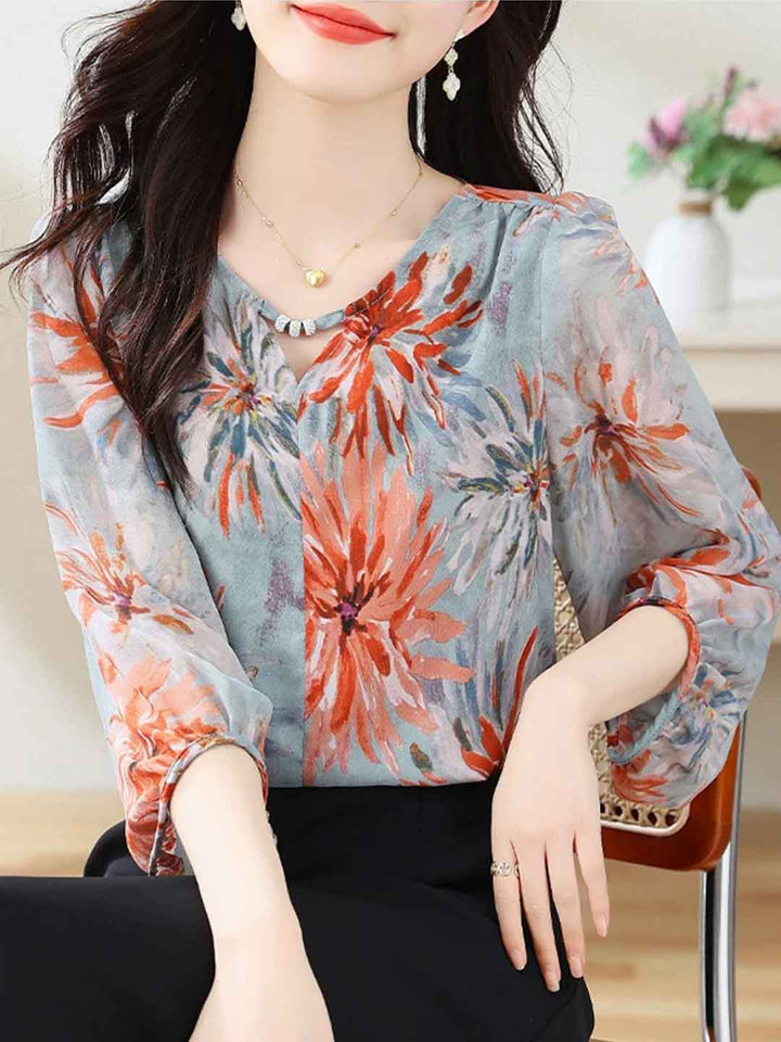 Ella Daily V-Neck Chiffon Floral Printed Blouse