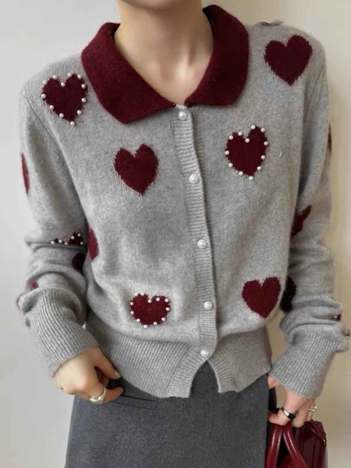 Gianna Retro Lapel Heart Beaded Knitted Cardigan