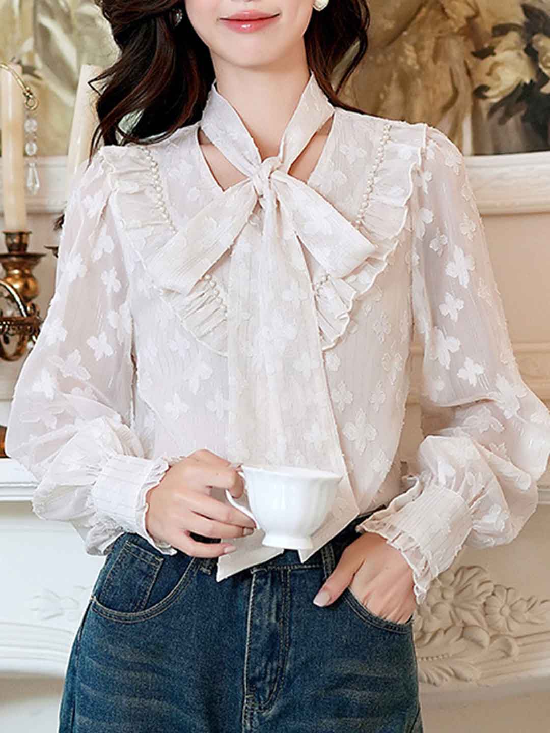 Lily Retro Tie Bow Lantern Sleeve Ruffle Chiffon Top