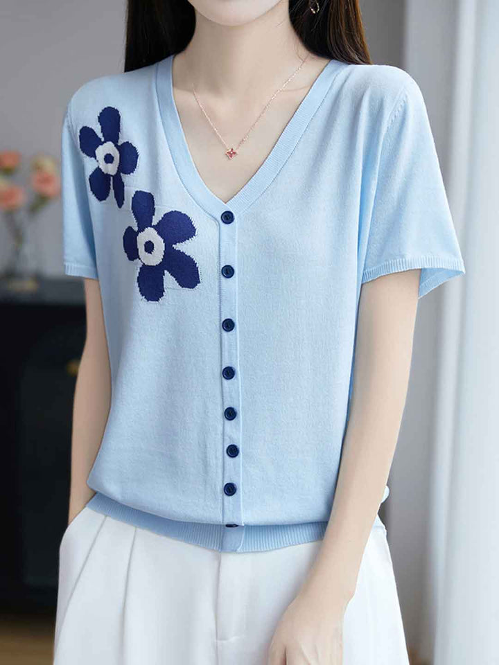 Trinity Loose V-Neck Jacquard Knitted Top