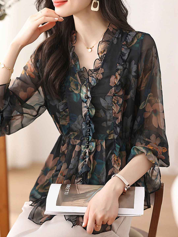 Taylor Daily V-Neck Ruffled Floral Chiffon Blouse