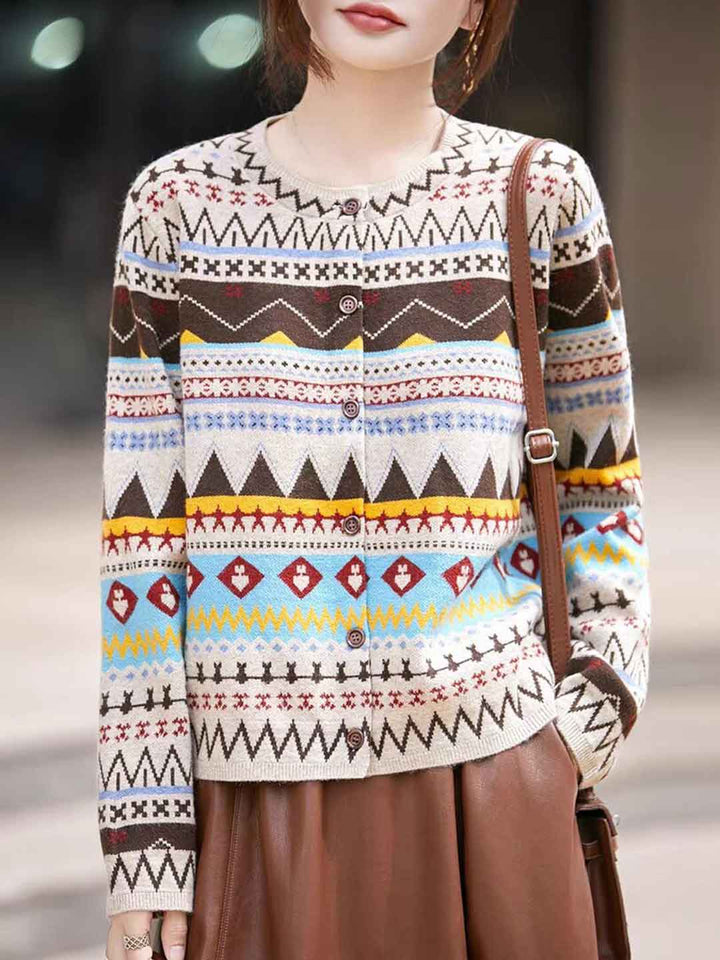 Sofia Classic Crew Neck Jacquard Knitted Cardigan