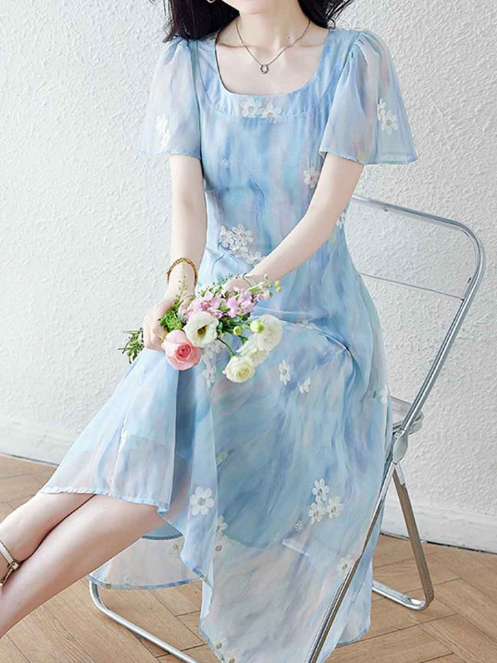 Natalie Vacation Square Neck Embroidered Floral Dress