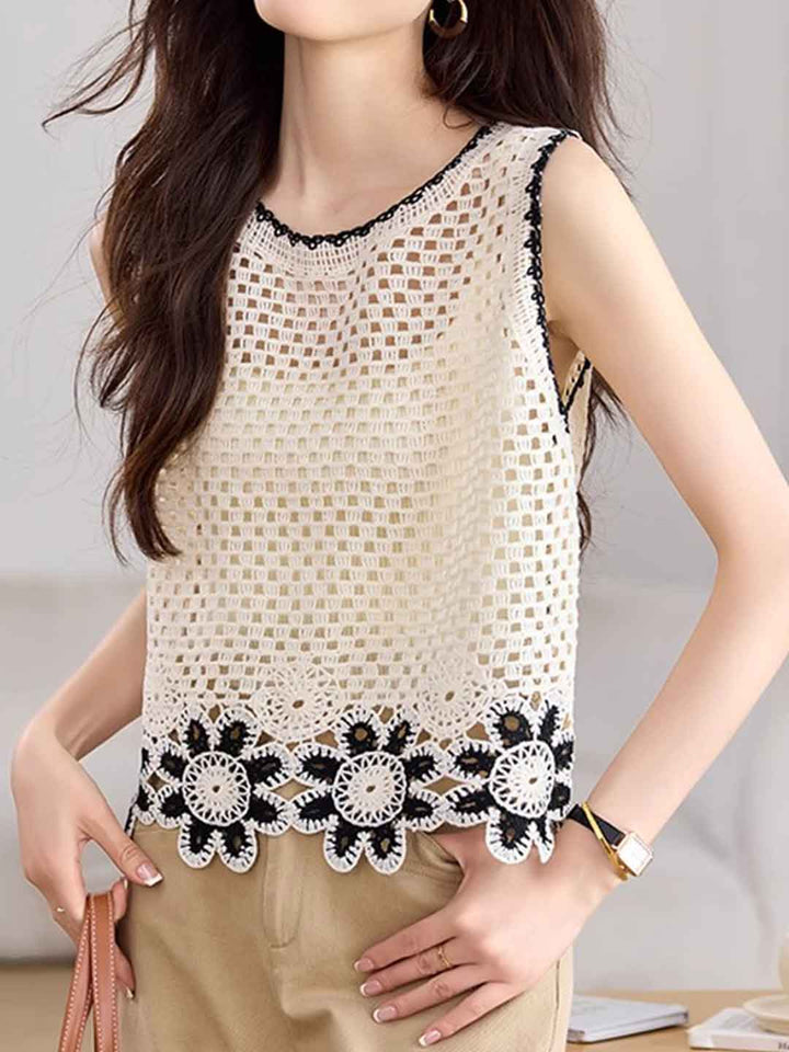 Valeria Retro Crochet Hollowed Contrast Color Knitted Vest