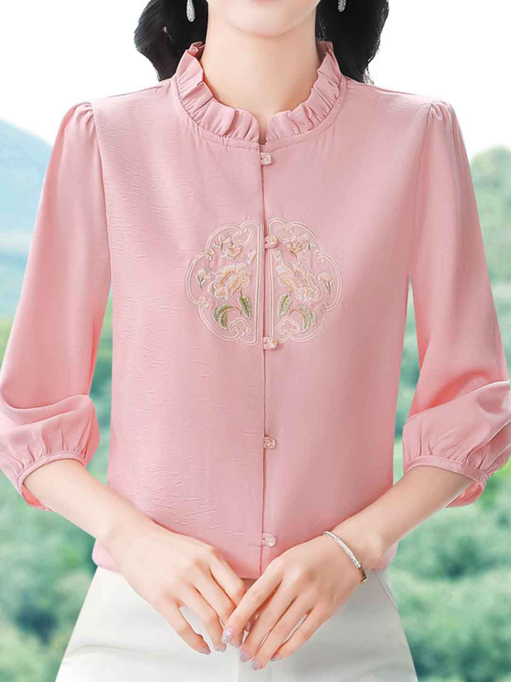 Mariah Loose Crew Neck Lantern Sleeve Auricular Embroidered Top