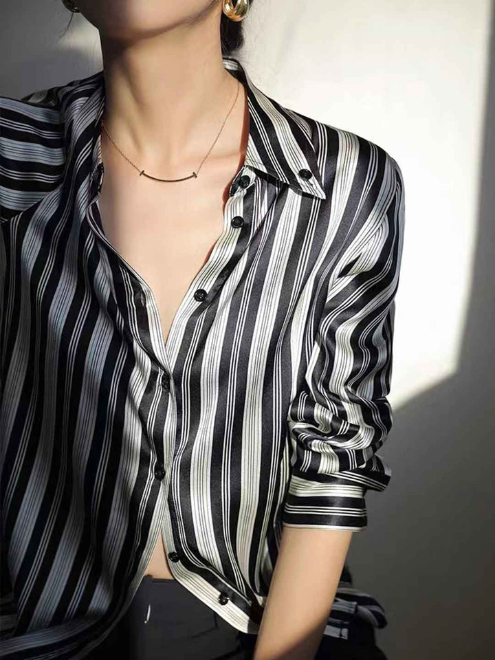 Olivia Loose Lapel Striped Satin Shirt