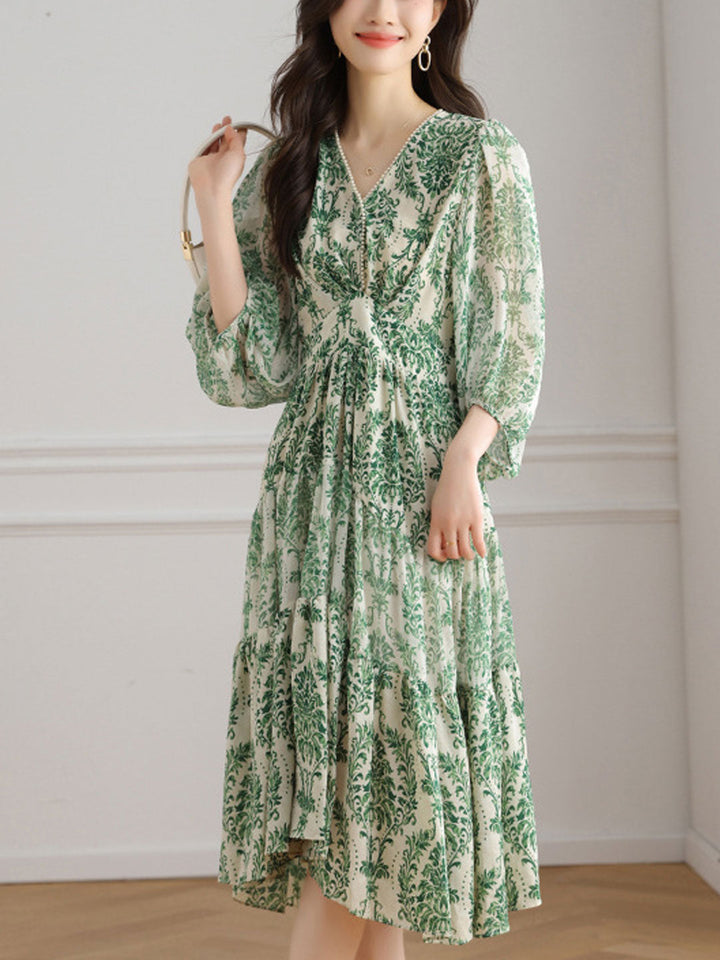 Ava Classic V-Neck Balloon Sleeve Printed Dress