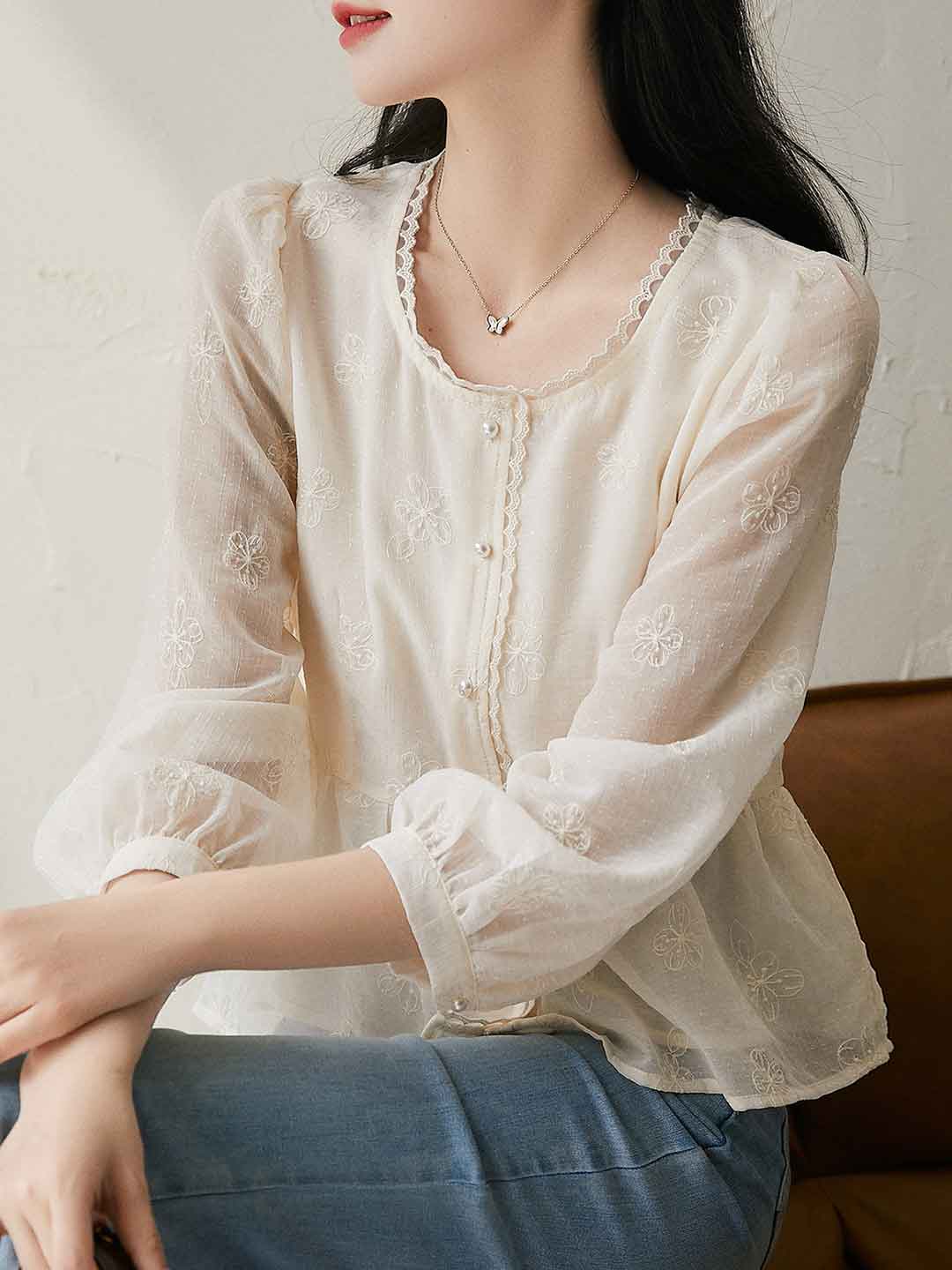 Sophie Elegant Square Neck Lace Embroidered Top