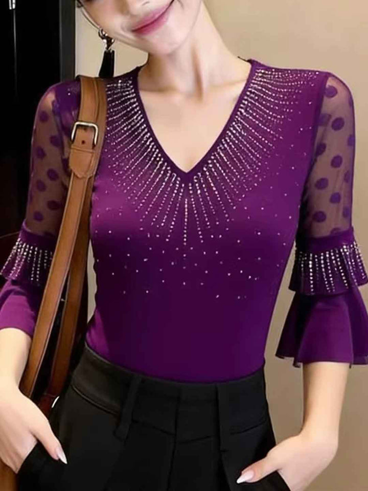 Alyssa Classic V-Neck Mesh Hollowed Rhinestone Top