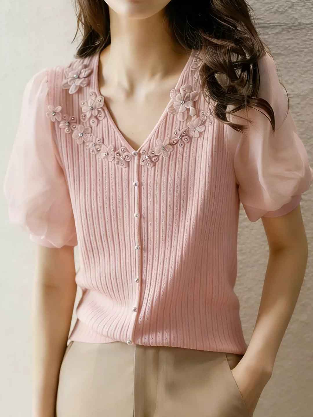 Gianna Elegant V-Neck Flower Chiffon Top