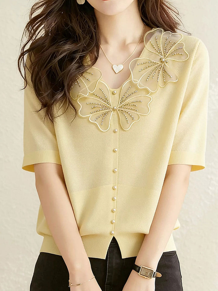 Trinity Daily V-Neck Beaded Lace Flower Top