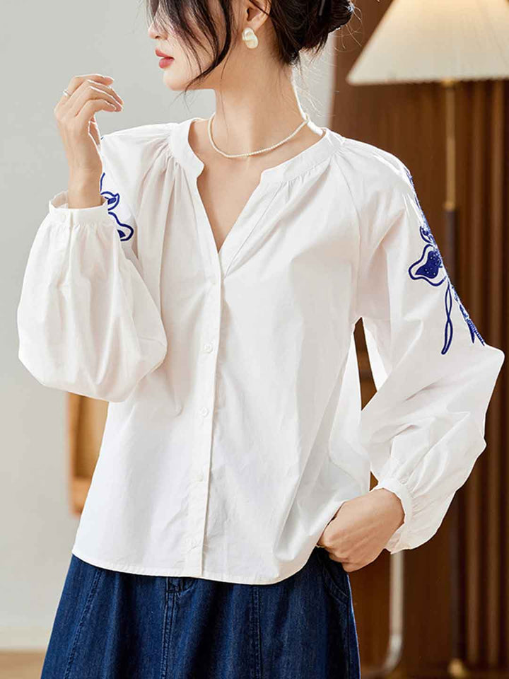 Olivia Loose V-neck Lantern Sleeve Embroidered Top