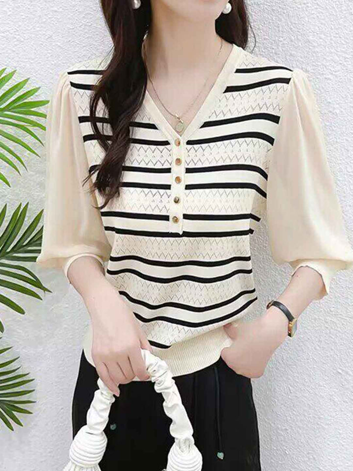 Avery Loose V-Neck Striped Chiffon Top