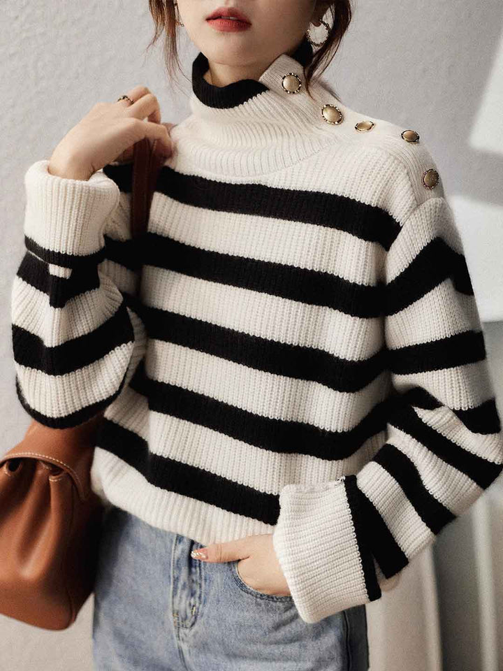 Hailey Turtleneck Buttons Striped Knitted Sweater