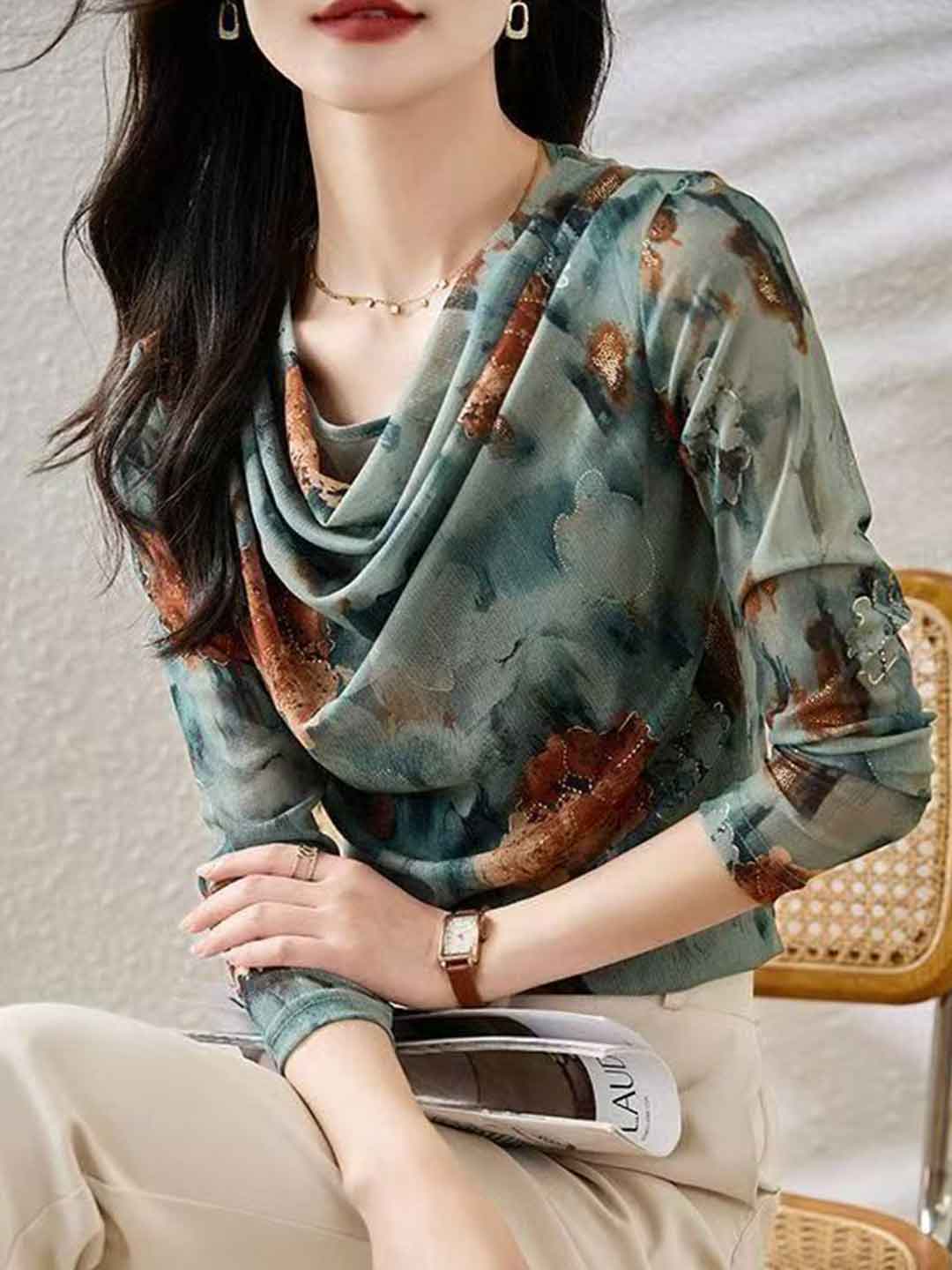 Ella Slim Stack Collar Printed Mesh Top