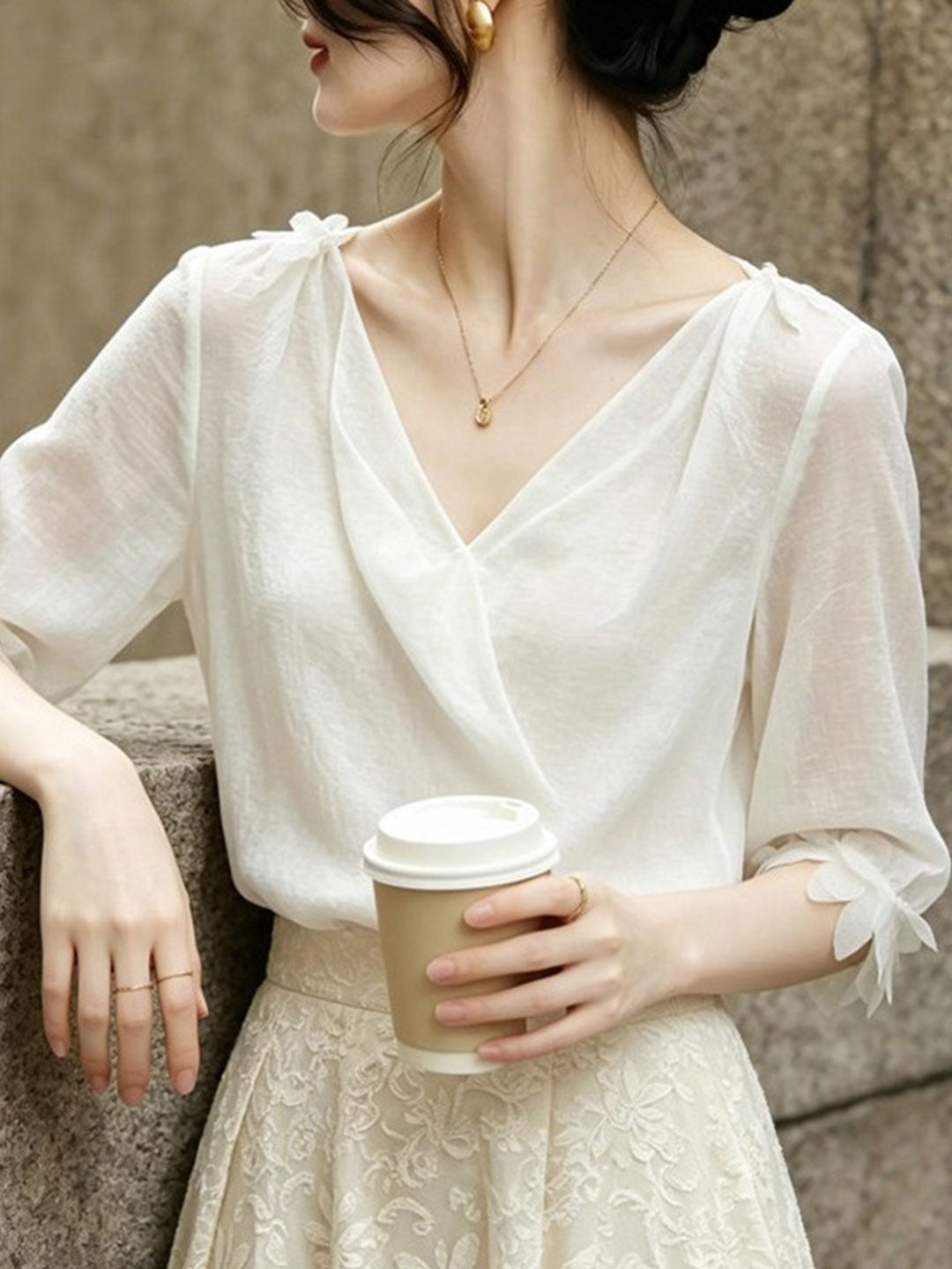 Hannah Retro V-Neck Chiffiton Blouse