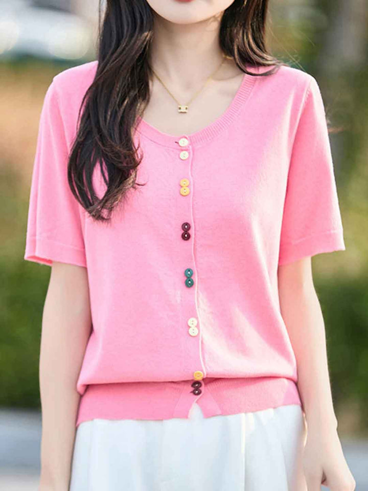 Trinity Loose Crew Neck Solid Color Knitted Cardigan