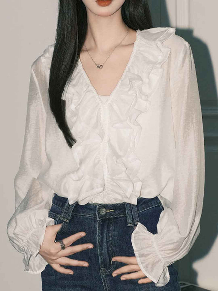 Arianna Loose V-Neck Ruffle Blouse