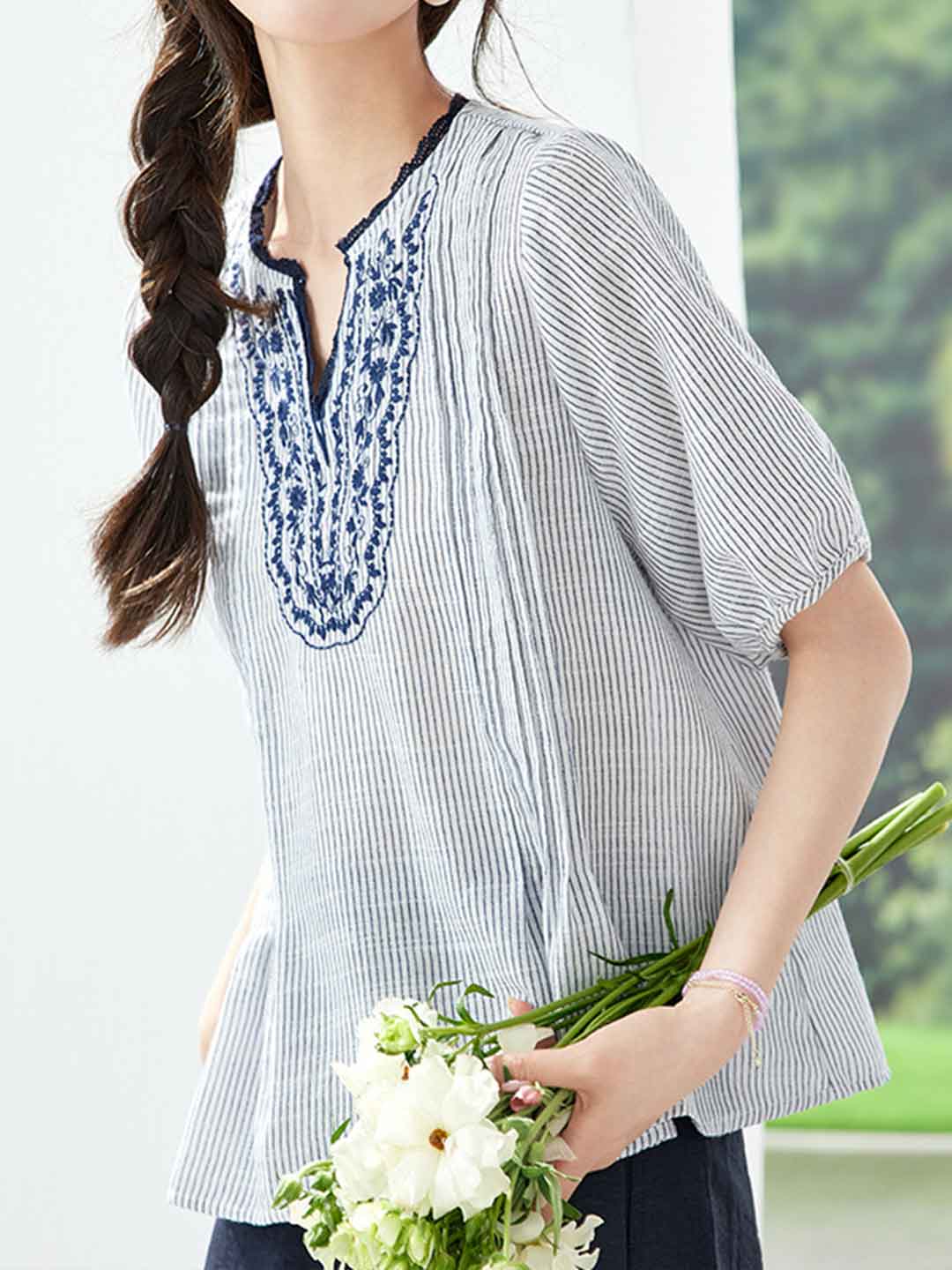 Chloe Loose Crew Neck Striped Embroidered Top