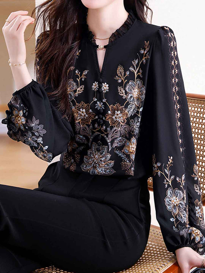 Kaylee Loose V-Neck Puff Sleeve Printed Chiffon Blouse
