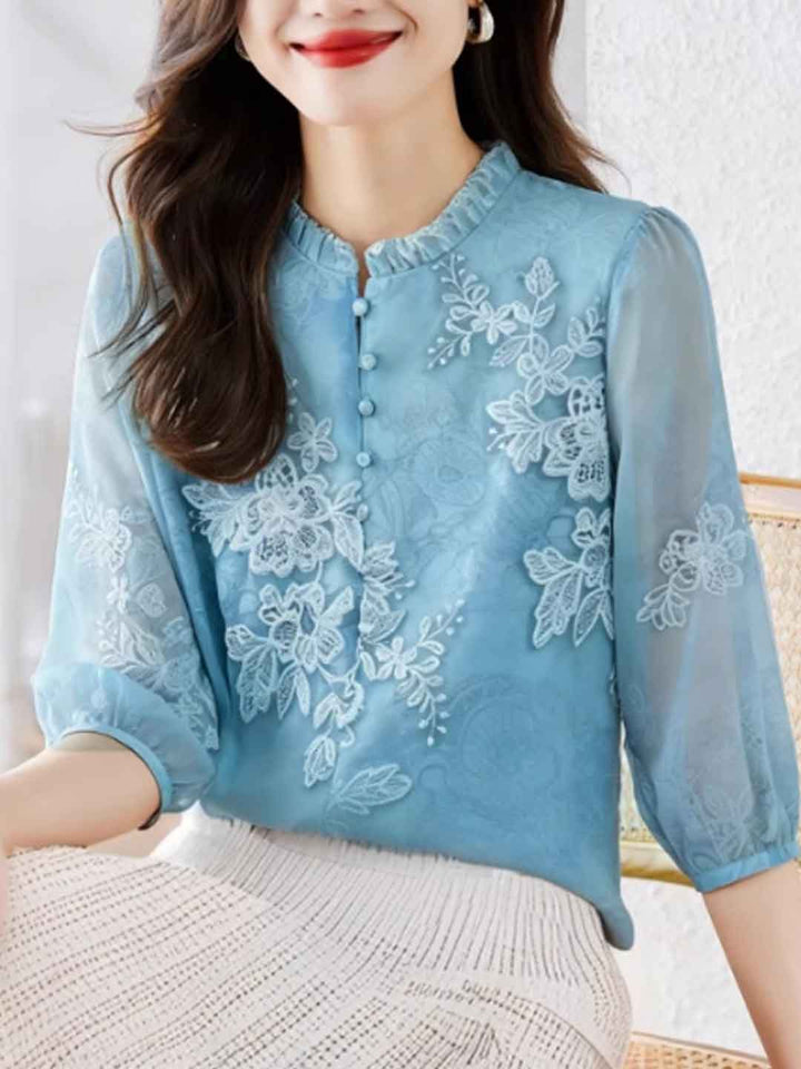 Brianna Loose Auricular Collar Printed Top